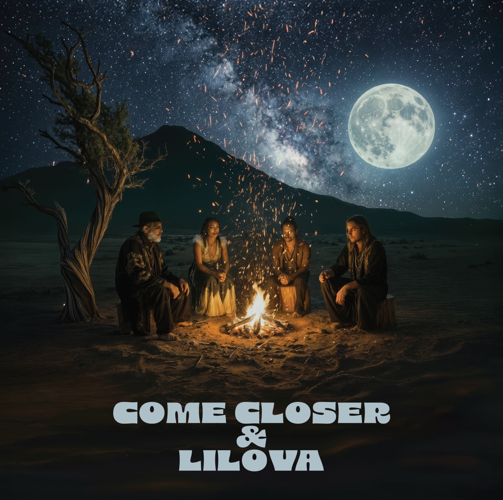 Обложка винила Come Closer & Lilova — четыре персонажа у костра